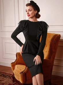 Vintamour Mesh Contrast Long Sleeve Dress - Black - View 5