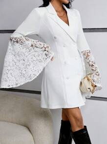 SHEIN Privé Phong cách Preppy Mảnh Lace Bùng nổ Tay áo Đôi ngực Váy blazer - trắng - Xem 5