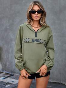 SHEIN Essnce 女士字母印花連帽夾克 - 軍綠色 - 查看 4