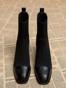 女士針織彈性馬靴,方頭、厚跟、法式風格,純色踝靴,2023秋冬新品 - 黑色 - 查看 2