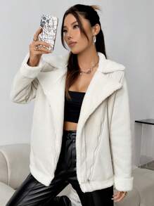 SHEIN Unity Teddy Lined Zip Up Moto Jacket - Apricot - View 4
