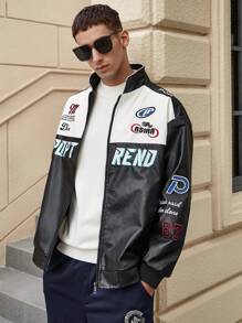 Chaqueta de carreras con bordado de letras en bloques de color para hombres - Blanco y Negro - Ver 5