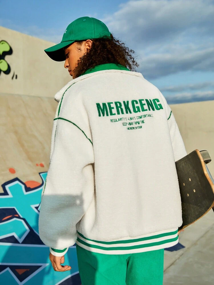 Outdoor Sports Fleece Jacket With Text Print Collar Design