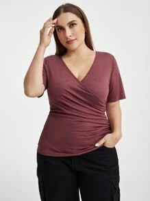 SHEIN Essnce Women's Plus Size V-neck Ruched T-shirt - Burgundy - View 6