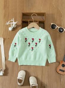 Baby Girl's Flower Embroidered Sweater Winter - Mint Green - View 1