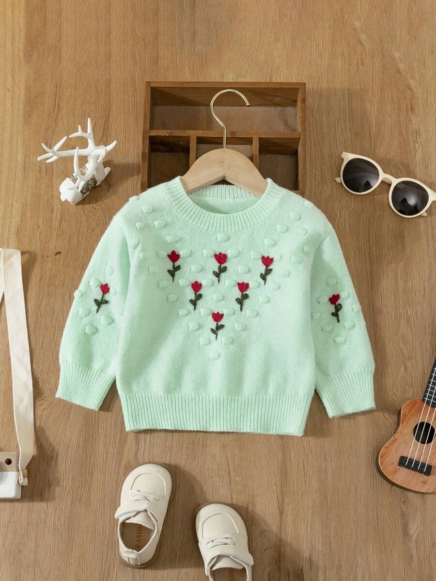 Baby Girl's Flower Embroidered Sweater Winter - Mint Green - View 1