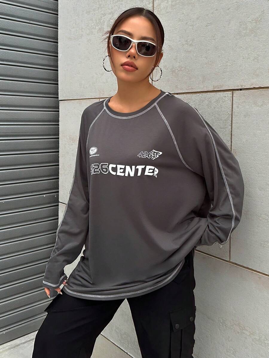 SHEIN Unity Của phụ nữ Vòng cổ Áo thun Với Lá thư Và In số - Xám - Xem 1