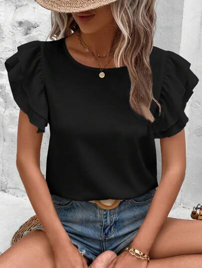 SHEIN LUNE 女性純色荷葉邊短袖上衣