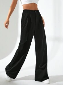 Daily&Casual Solid Color High Waisted Straight Leg Casual Sports Pants - Black - View 1