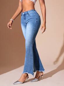 SHEIN BAE Women's Vintage Style Washed Flared Jeans With Slanted Pockets And Raw Hem - Medium Wash - View 4