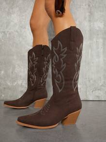 花卉刺繡側拉鍊靴 - 巧克力棕 - 查看 4