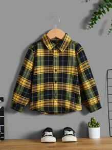 SHEIN 年輕男孩休閒鬆身,頭骨圖案格紋長袖襯衫,背面設計 - 彩色 - 查看 2