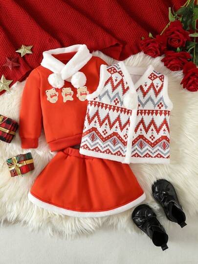 Baby Girls' Cute, Comfortable, Fashionable And Warm Red Sweatshirt, Skirt And Vest Three-piece Set For New Year