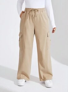 SHEIN EZwear 大碼束口腰帶口袋牛仔褲 - 卡其色 - 查看 1