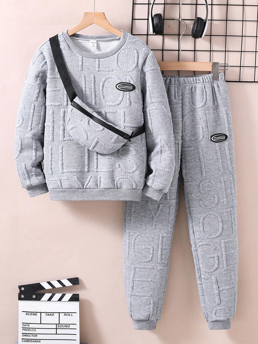 SHEIN Tween Boy Letter Texture Fabric Sweatshirt, Sweatpants And Backpack Multi-Piece Set Chic Outfits For Autumn/Winter
