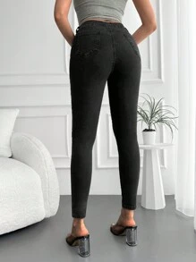 EURMUSE Solid Cropped Skinny Jeans - Black - View 2