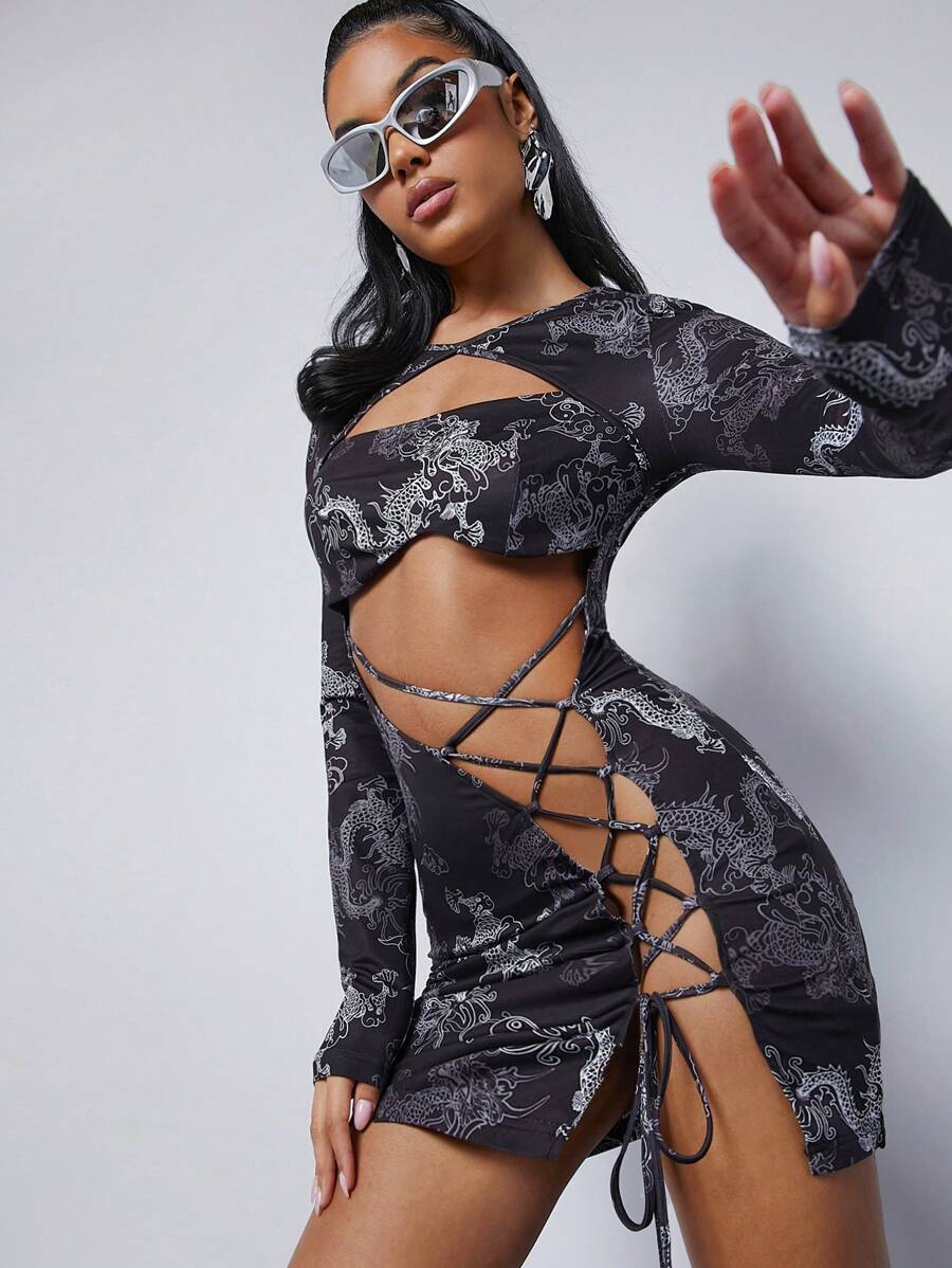 SHEIN Unity Dragon Print Cut Out Lace Up Dress - Multicolor - View 1
