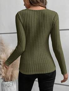 SHEIN Frenchy 優雅女式甜心領口羅紋t卹 - 軍綠色 - 查看 2