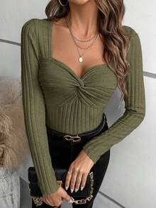 SHEIN Frenchy 優雅女式甜心領口羅紋t卹 - 軍綠色 - 查看 4