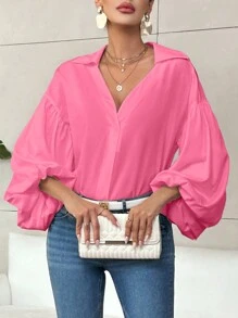 SHEIN Privé Women's Elegant Resort & Office Stylish Lantern Sleeve Button V-Neck Polka Dot Print White Shirt Old Money Quiet Luxury Fall Clothes Work Women Blouses Fall Blouses - Hot Pink - View 1