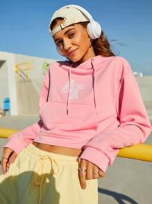 SHEIN Sports 女士字母印花袋鼠口袋抽绳卫衣 - 粉色 - 查看 1