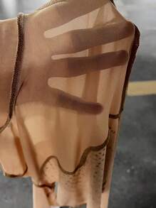 SHEIN PETITE 女士立領鑽石裝飾網狀上衣 - 卡其色 - 查看 7