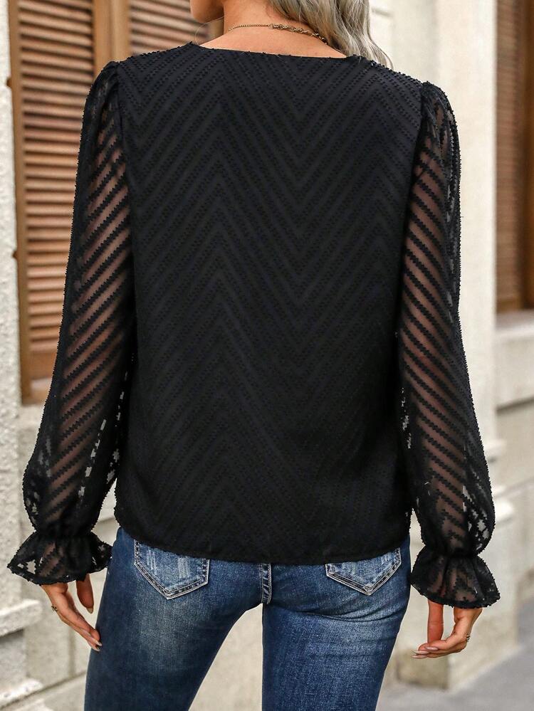 Women's Mesh Ruffle Long Sleeve Shirt Winter Elegant Black