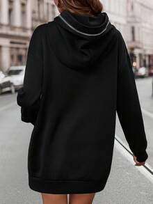 SHEIN LUNE Của phụ nữ Màu thuần Thả vai & Dây kéo Thiết kế Hoodie - màu đen - Xem 2