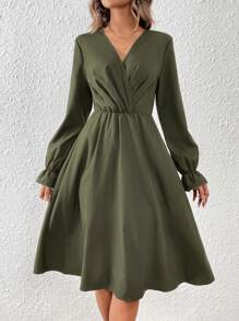 SHEIN Frenchy Solid Color Ruffle Sleeve Dress - Army Green - View 4
