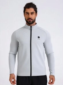 Manfinity Fitness Boyfriend Style Men's Letter Print Zipper Front Stand Collar Sports Jacket Workout Tops Sports Jacket - Light Grey - View 3