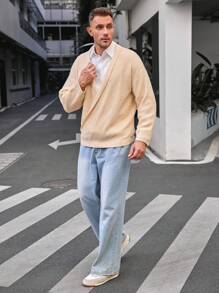 Manfinity VCAY 男士大码落肩毛衣，适合秋冬 - 杏色 - 查看 4