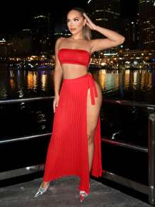 SHEIN SXY 3 Piezas/set Top Tubular Formal Rojo Y Conjunto De Falda Con Abertura Alta - Burdeos - Ver 4