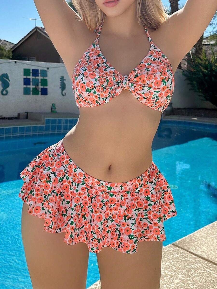 Swim Mod Summer Beach Floral Print Front Knot & Ruffle Trimmed Bikini Set - Multicolor - View 1