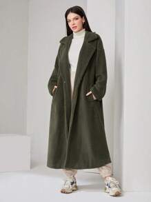 Mulvari Women's Long Teddy Coat - Olive Green - View 1