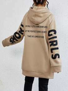 SHEIN Unity Slogan In Bên Khe Tay Raglan Dây rút Hoodie - Màu be - Xem 2