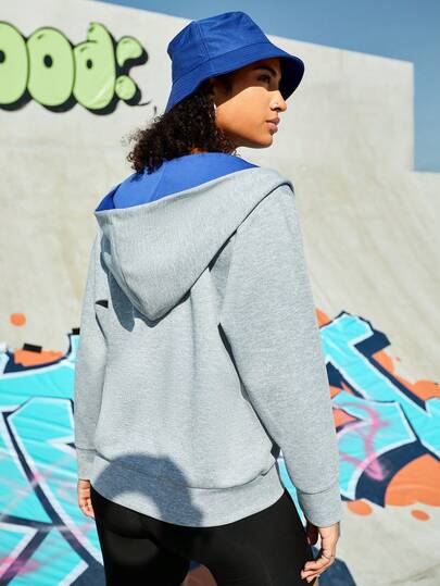 Text Printed Zipper Hooded Sports Sweatshirt