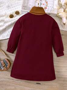 SHEIN Little Girls' Color Block Turtleneck Dress - Burgundy - View 2