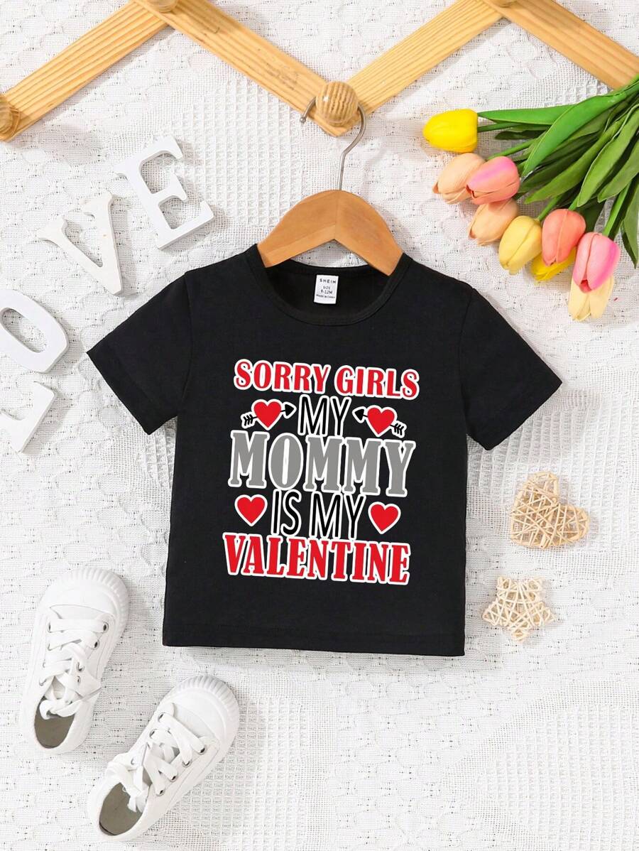 Baby Boy Casual Simple Fun Lovely Letter Print Top, Suitable For Valentine'S Day - Black - View 1