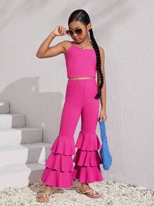 SHEIN Leap Crew Girls Solid Cami Top & Flare Leg Trousers - Hot Pink - View 5
