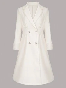 SHEIN Clasi 女士加大號雙排扣羊毛大衣,帶翻領領口 - 米色 - 查看 1