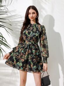 Aveloria Rosie Vestido de manga farol con estampado completo, outfit de vacaciones para mujer