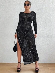 SHEIN ICON 女式大尺碼黑色圓領開叉下擺連身裙 - 黑色 - 查看 7