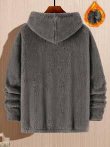Manfinity Roghcode Men's Oversized Teddy Bear Fleece Drawstring Hooded Sweatshirt With Drop Shoulder And Letter Embroidery, Fall/Winter, Long Sleeve Top - Grey - View 2