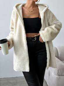 EURMUSE Zipper Closure Hooded Fuzzy Jacket - Beige - View 5