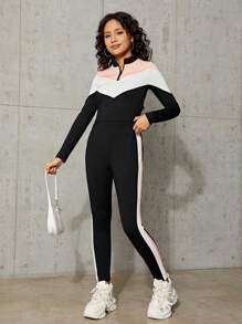 SHEIN Leap Crew Teenage Girls' Knit Patchwork Stand Collar Half Placket T-shirt And Pants Set - Multicolor - View 5