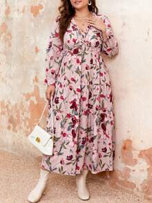 SHEIN Franclia Kích thước lớn Của phụ nữ In hoa Nhiều lớp Xù Hoa Sen Đầm - Nhiều màu - Xem 3