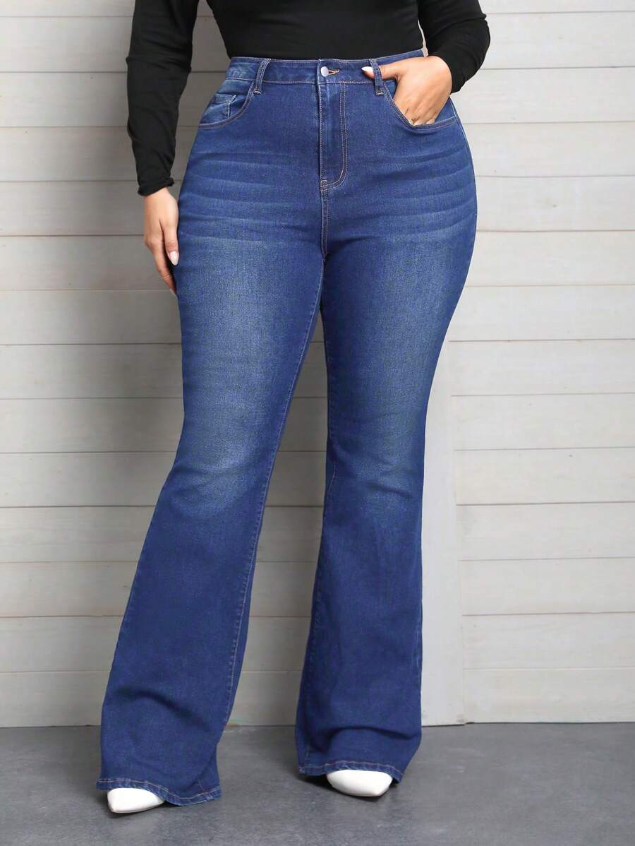 EMERY ROSE Plus Size Women's Stretchy Flared Jeans Spring Outfits For Women Festival Outfits Elegant Business Casual Woman Jeans - Medium Wash - View 1