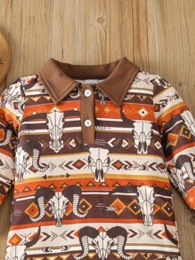 Baby Boy Cow Print Polo Bodysuit - Coffee Brown - View 3