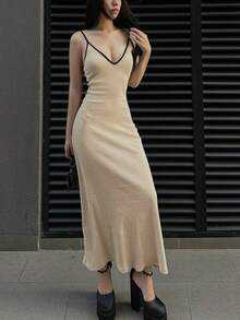 Women's Casual Sleeveless Long Dress With Contrast Trim, Summer - Apricot - View 5