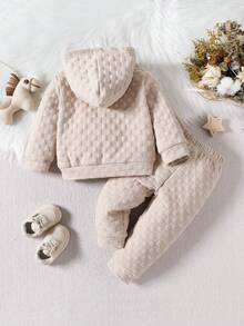 Plaid Jacquard Fabric English Letter Decal Sweatshirt & Pants Set - Apricot - View 2